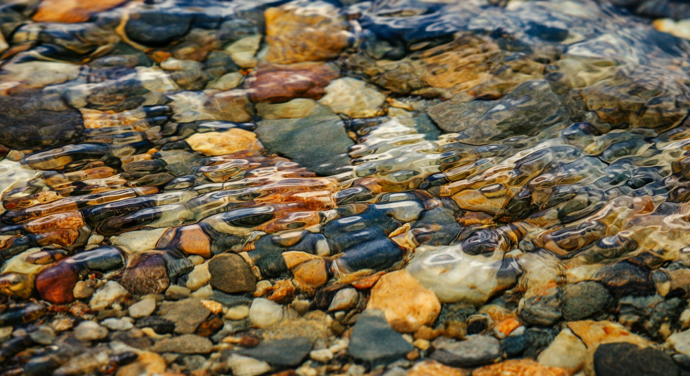 Close-up image of colorful, smooth wet stones in a shallow stream with clear water flowing over them.