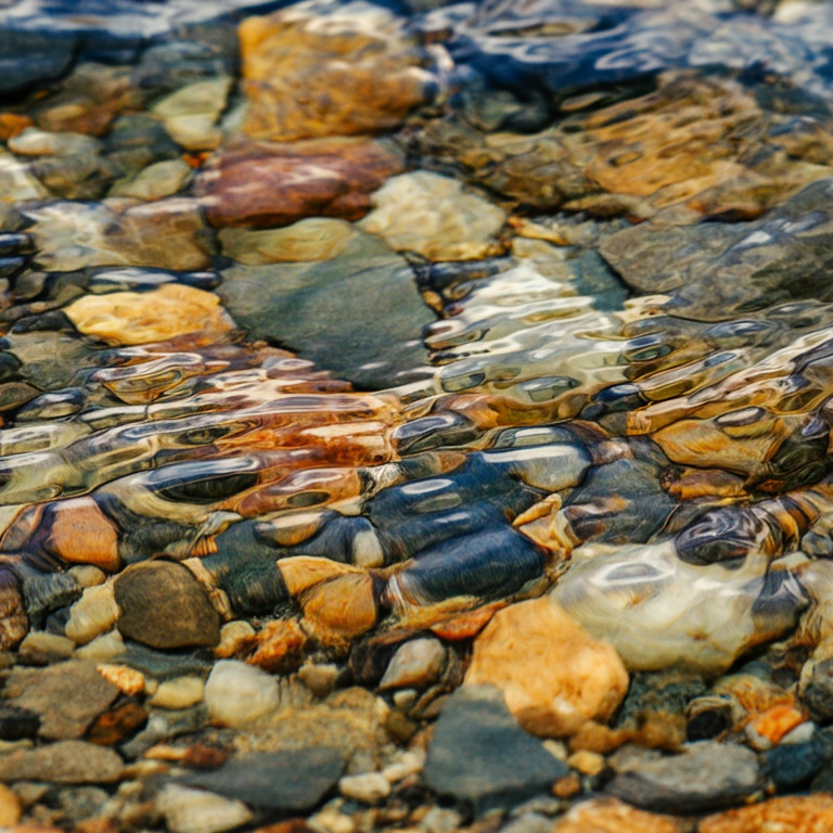 Close-up of colorful pebbles under clear, flowing water in a river or stream.