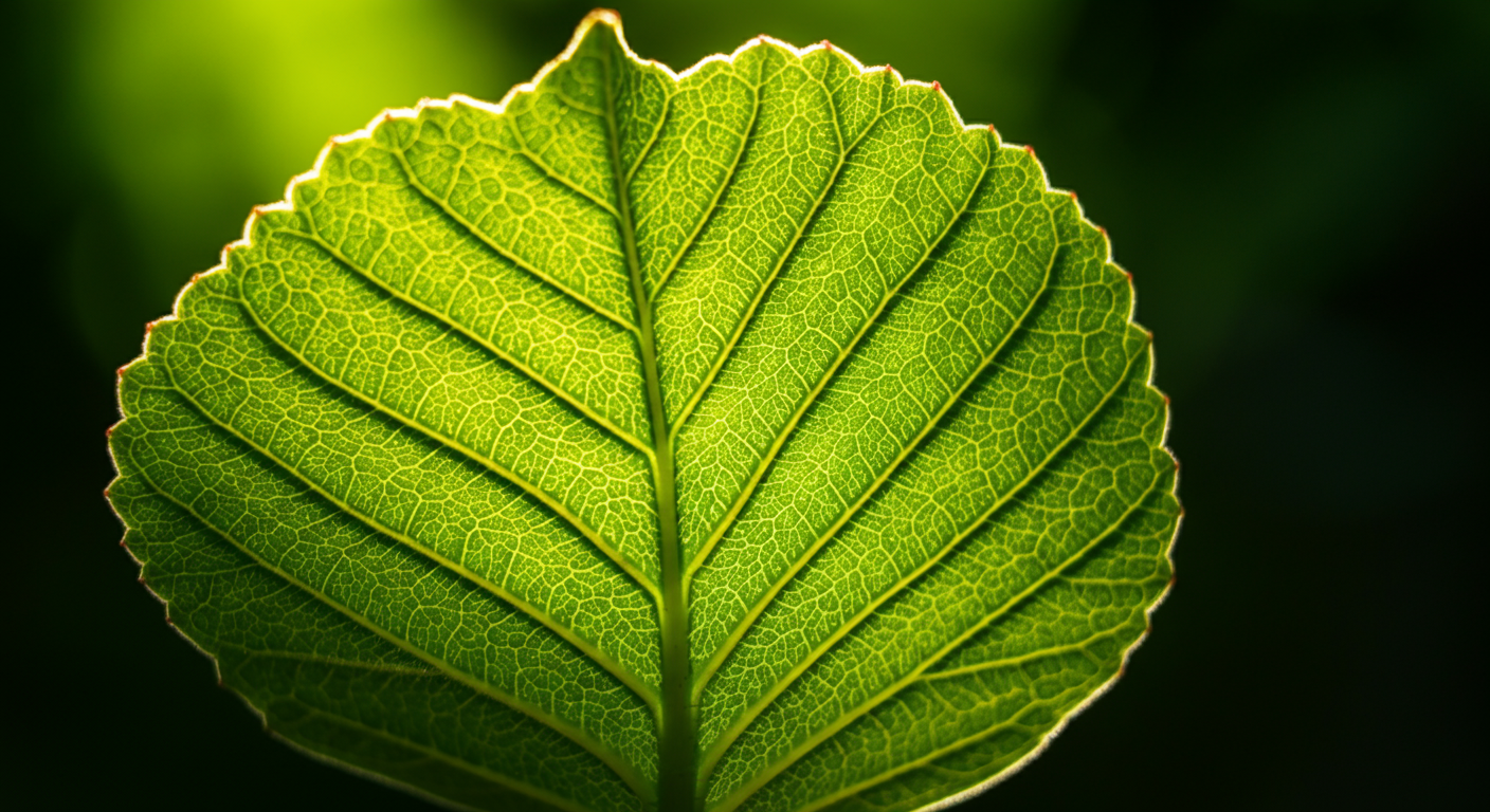 Close-up of a green leaf with detailed veins and a slightly serrated edge, illuminated from behind.