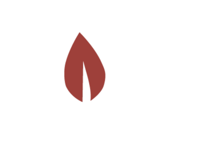 A stylized red flame with a black background.