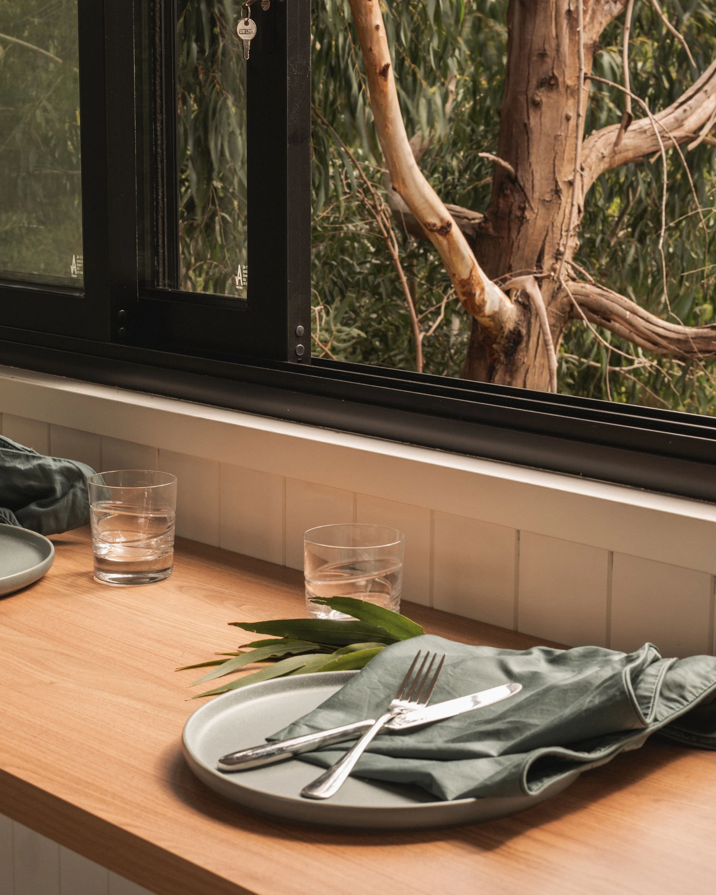 A wooden dining table set with a gray ceramic plate, silver fork and knife, a folded green cloth napkin, and a green leaf. Two glasses of water are on the windowsill. Outside the window, there is a large tree with textured bark and branches.