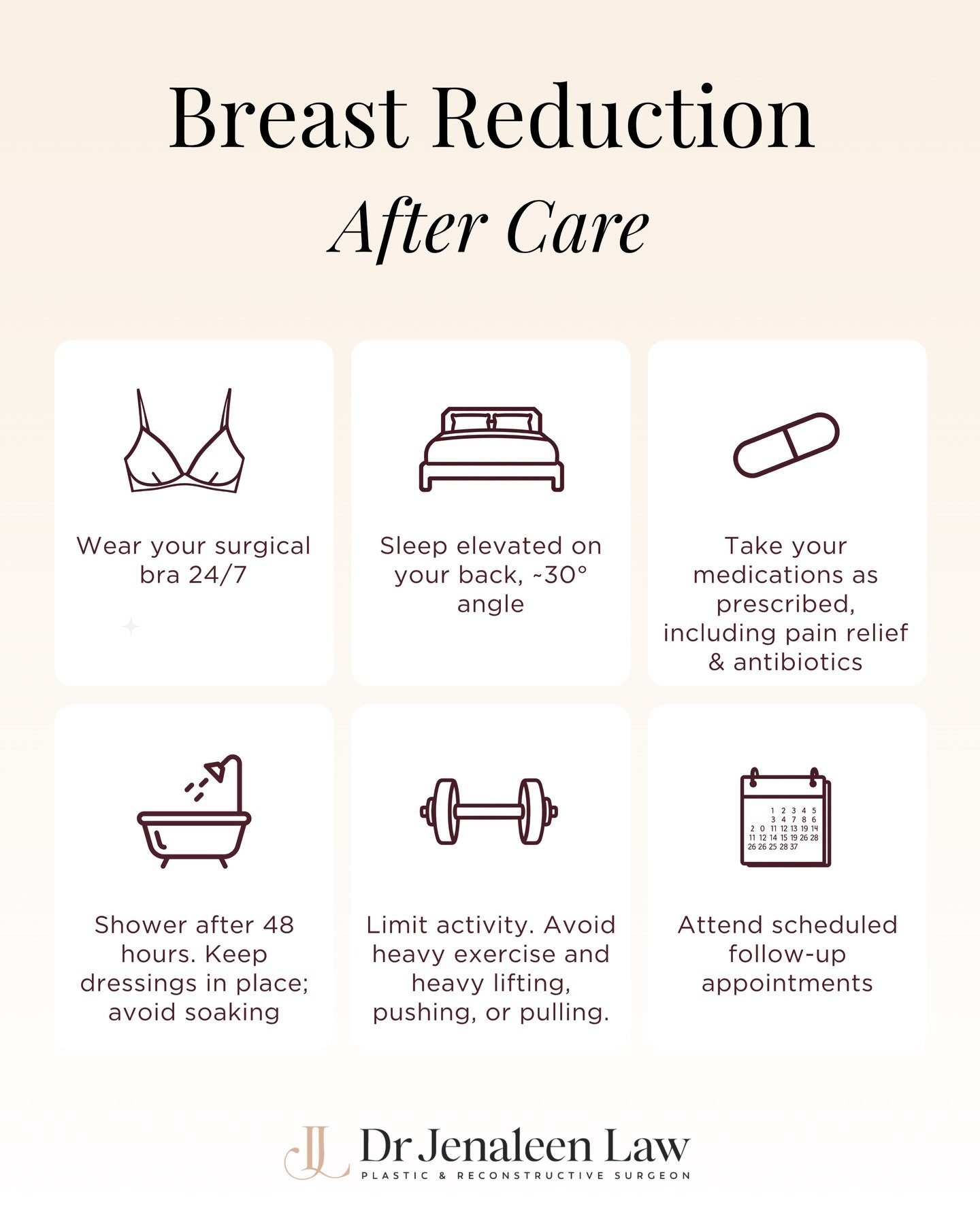 6 essential tips on how to take care of yourself after breast reduction surgery.

Disclaimer: Results vary between individuals depending on a range of factors. All surgical procedures carry risks and require an appropriate recovery period, including 