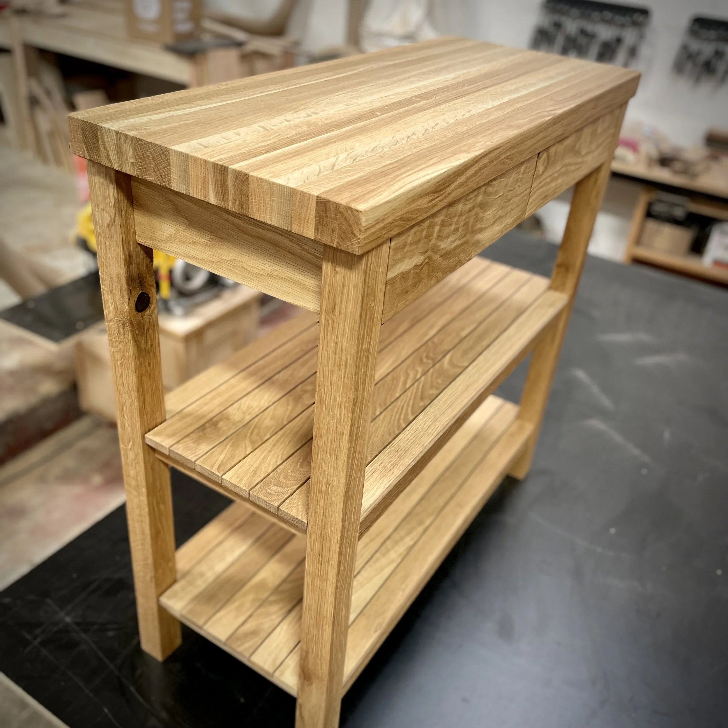 solid white oak kitchen island, with butcher block top