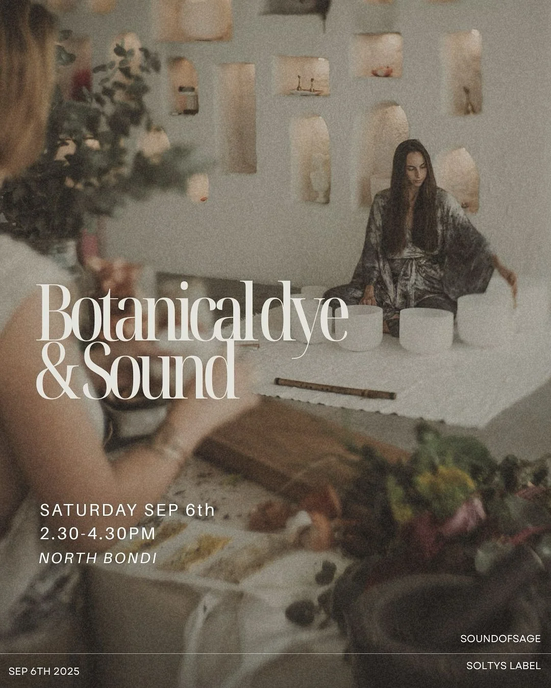 ✨ Next Saturday ✨
An afternoon of silk dyeing &amp; sound

Guided by Cate from @soltyslabel you&rsquo;ll create your very own unique silk scarf, dying with beautiful botanicals 🌿

While your silks are steaming, I&rsquo;ll guide you into a grounding 
