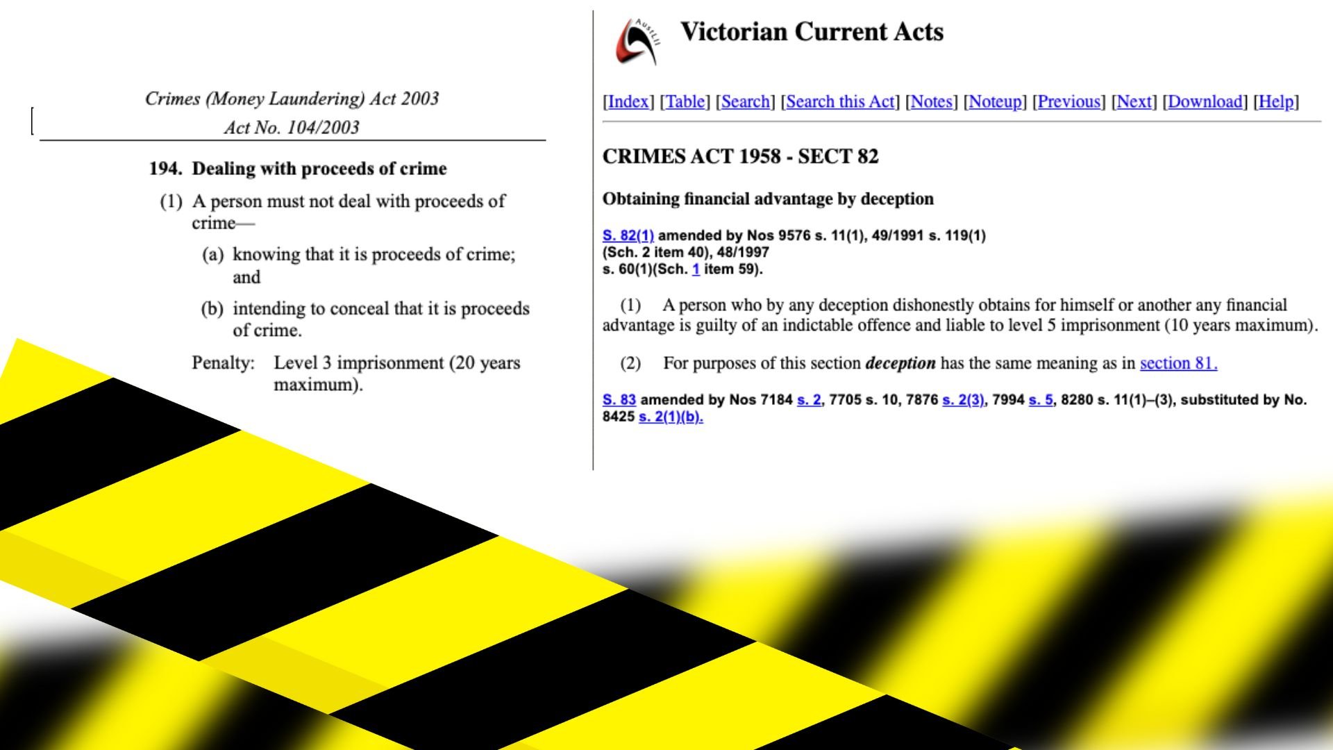 Money laundering and obtaining financial advantage by deception are crimes in the state of Victoria and NSW. Money laundering is also a Commonwealth crime.