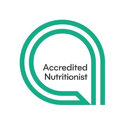Logo with the words 'Accredited Nutritionist' inside a stylized teal speech bubble or badge.
