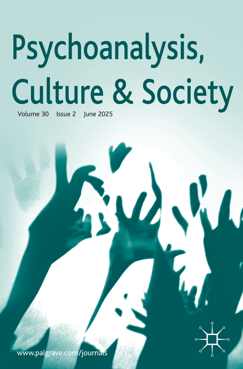 Cover image for the journal 'Psychoanalysis, Culture & Society' featuring silhouetted hands reaching upward, with some forming shapes like a heart, and a light green background.