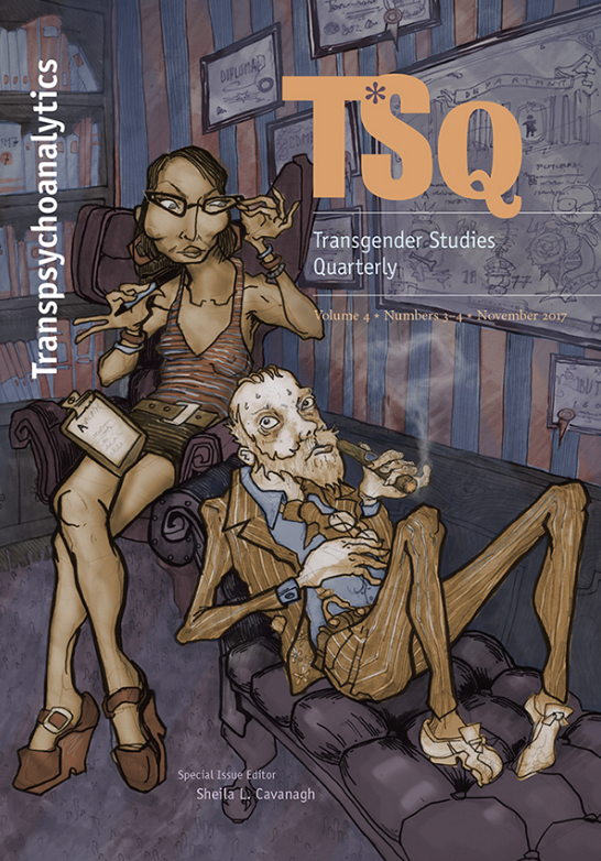 Illustration of a woman with glasses and a dog sitting in a cluttered office or study with framed certificates on the wall. The woman is sitting on a chair, reading a book, and the dog is lying on a sofa with a cigar. The cover title reads "TSQ" with subtitle "Transgender Studies Quarterly" and includes volume and issue information.
