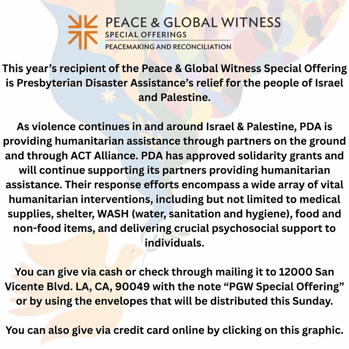Text promoting Peace & Global Witness special offering for disaster relief in Israel and Palestine, encouraging donations via mail or online.