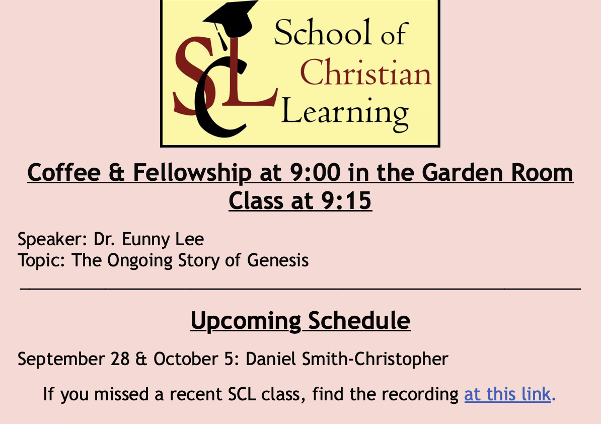 Schedule for the School of Christian Learning, with event details, speaker, and topics listed, on a pink background.