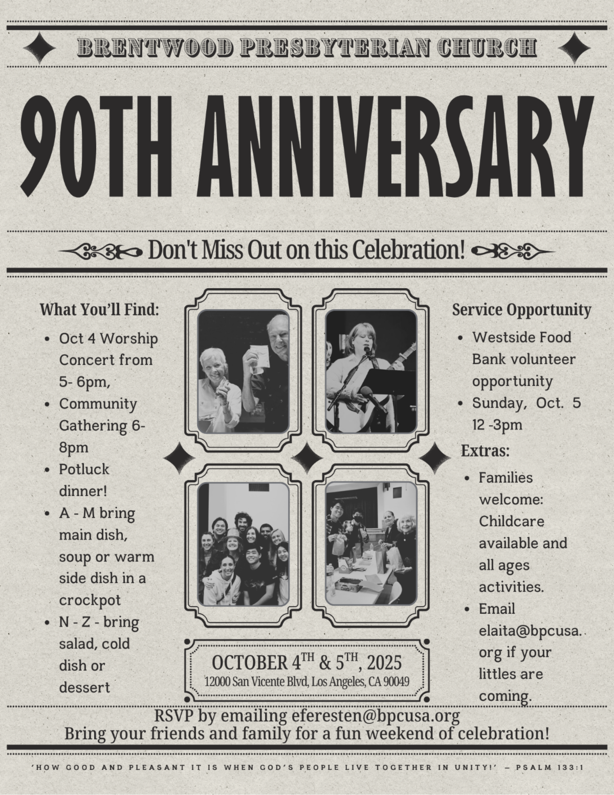 Invitation flyer for Brentwood Presbyterian Church's 90th anniversary celebration on October 4th and 5th, 2025, featuring photos of church members, event details, service opportunities, and contact information.