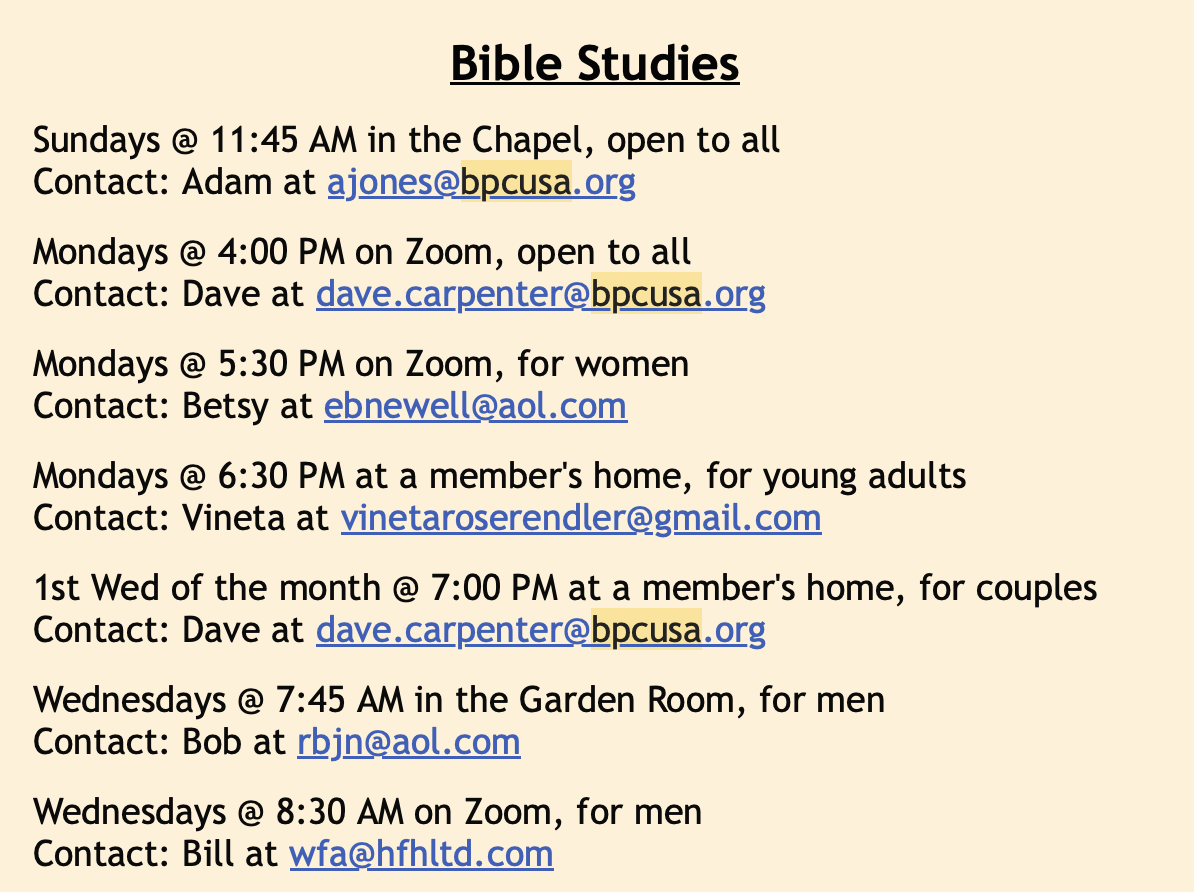 Schedule for Bible Studies with times, locations, and contact emails for different groups including Sunday chapel, Zoom sessions, women's group, young adults, couples, and men's groups.