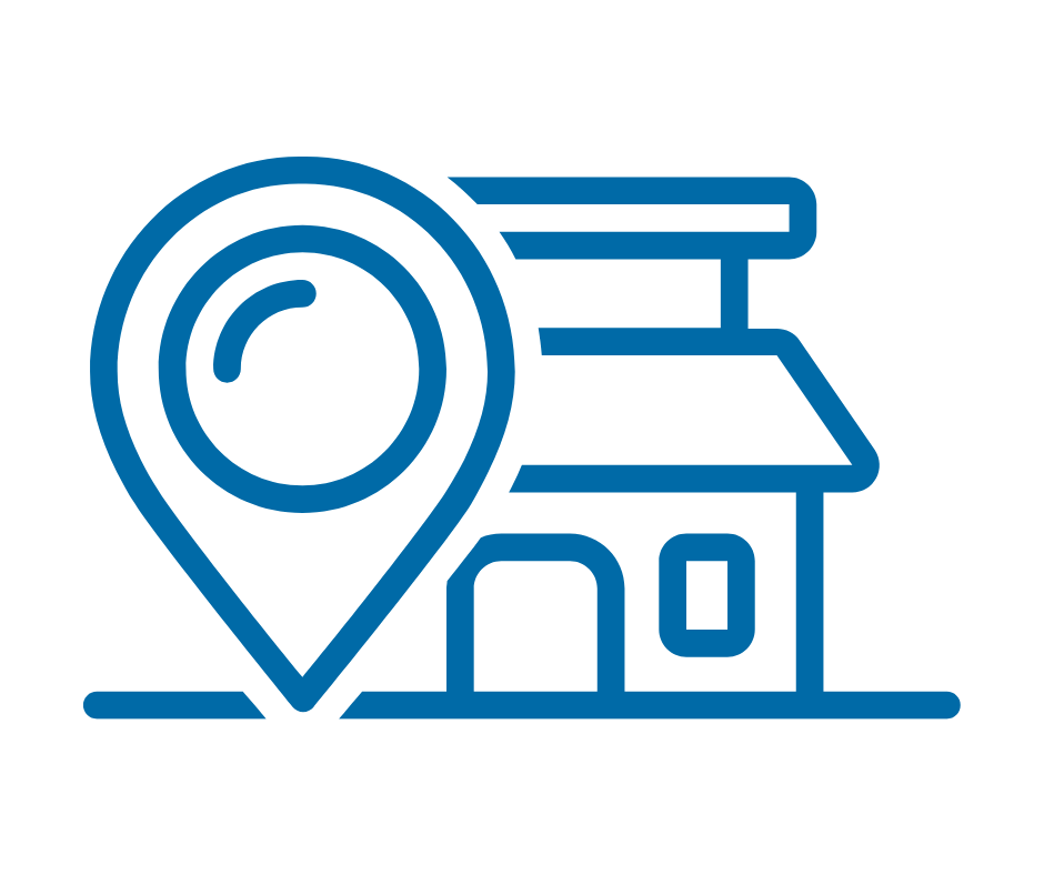 Blue outline of a house with a chimney on a black background