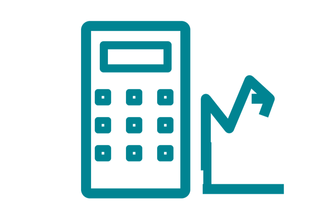 Line graph with an upward trend next to a calculator icon