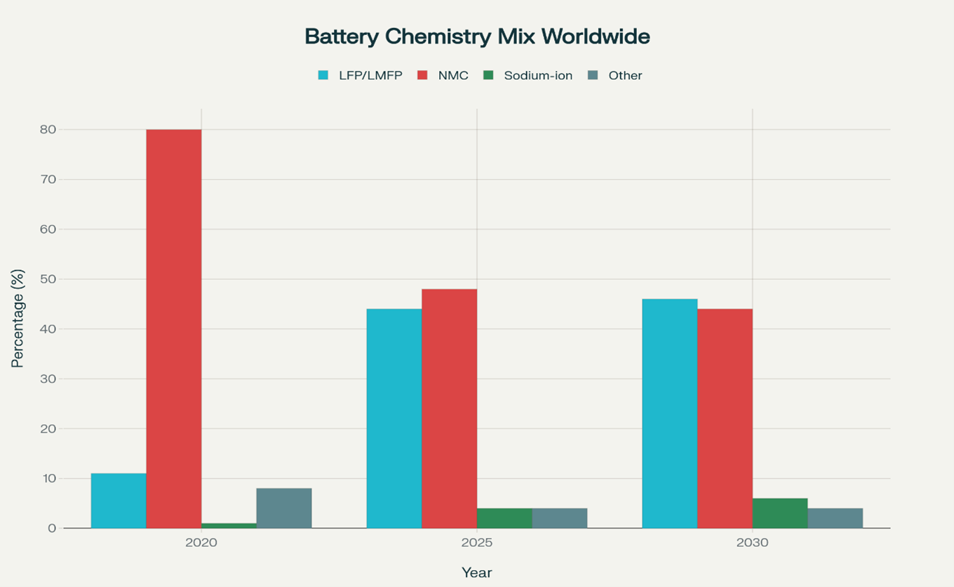 Breathe Partners bar chart titled 'Battery Chemistry Mix Worldwide' shows the percentage distribution of different battery types (LFP/LMFP, NMC, Sodium-ion, Other) over the years 2020, 2025, and 2030.