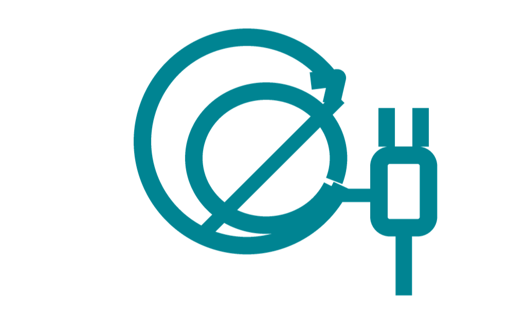 Illustration of a lab flask connected to a circular object with a diagonal line, symbolizing no or prohibition, with a plug nearby.
