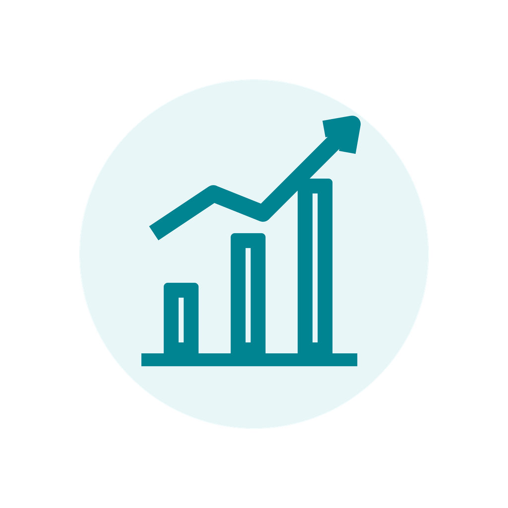 Graph with rising bar charts and an upward arrow representing growth or success.