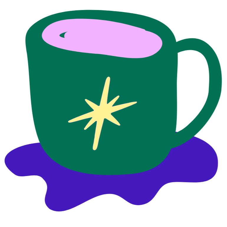 A cartoon illustration of a green cup filled with a purple beverage, sitting on a blue puddle or spill, with a yellow starburst design on the front of the cup.