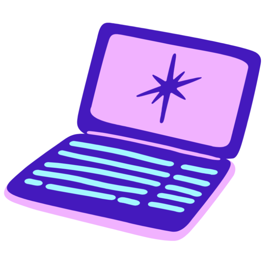 A stylized digital illustration of a laptop computer with a starburst symbol on the screen, rendered in shades of purple and blue.