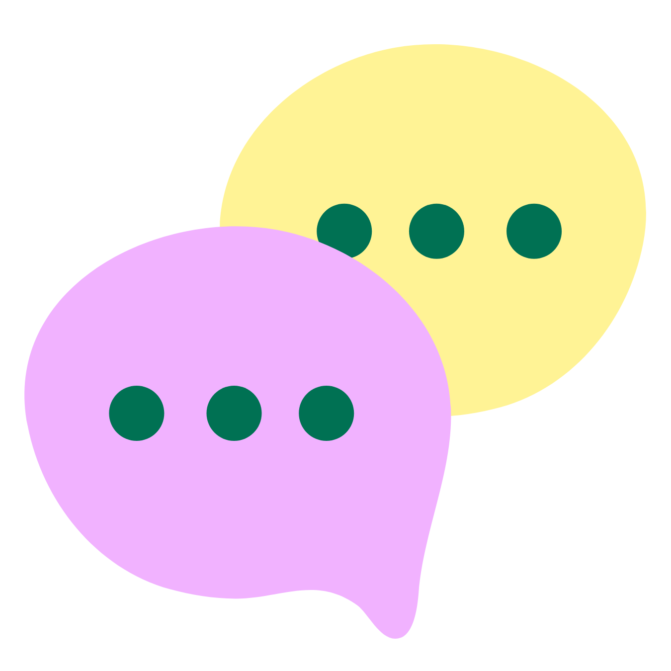 Two overlapping speech bubbles, one yellow with three dark green dots, and one purple with three dark green dots, on a black background.
