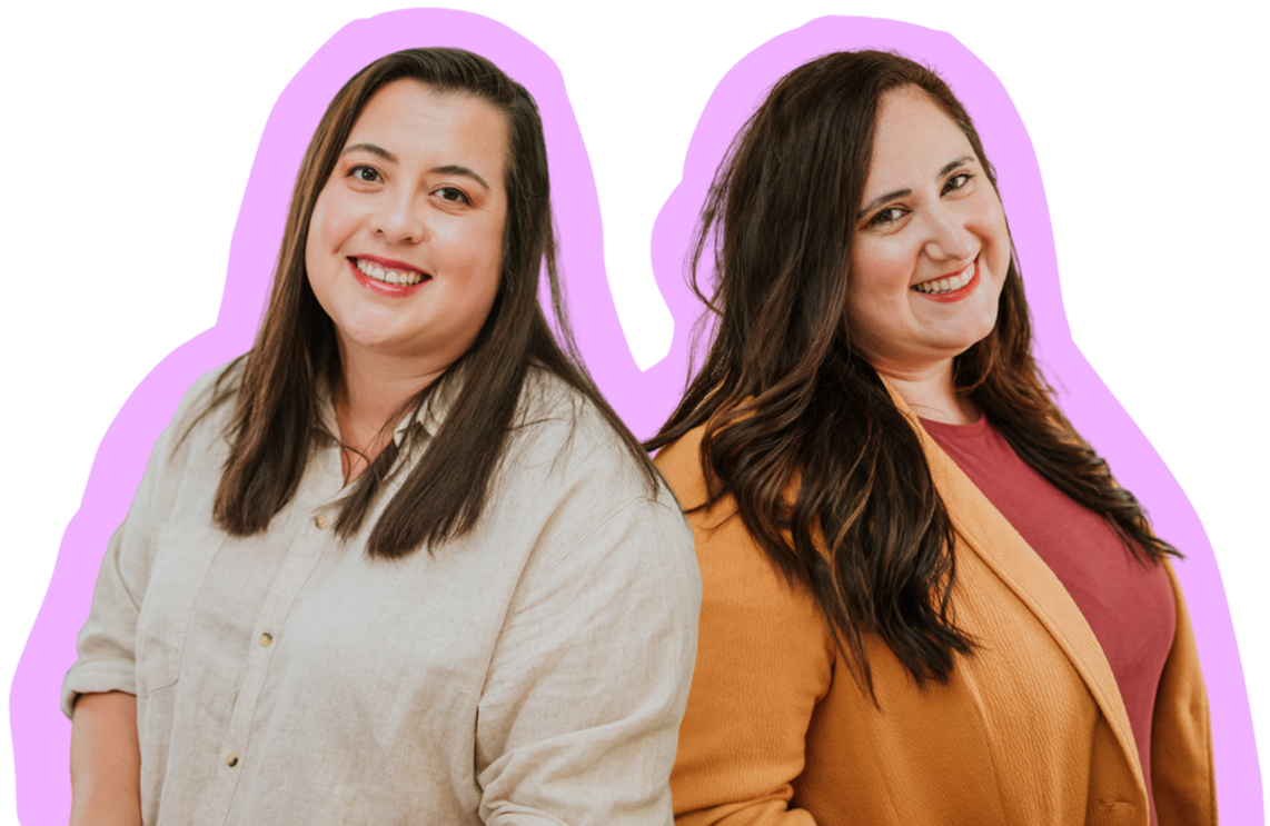 Two smiling women standing back to back against a purple background.