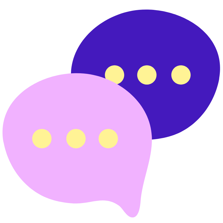 Two overlapping speech bubbles, one purple and one light purple, each with three yellow dots inside, representing communication or chat.
