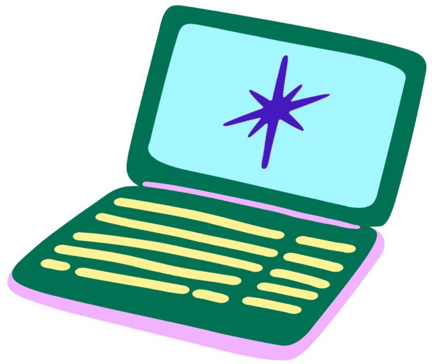 Retro-style illustration of a green laptop with a star on the screen and yellow lines on the keyboard.