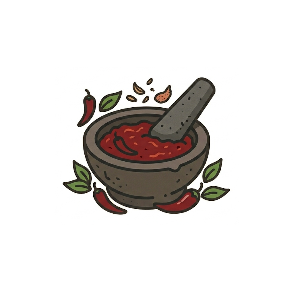 A bowl of red chili with a mortar and pestle inside, surrounded by chili peppers and green leaves.
