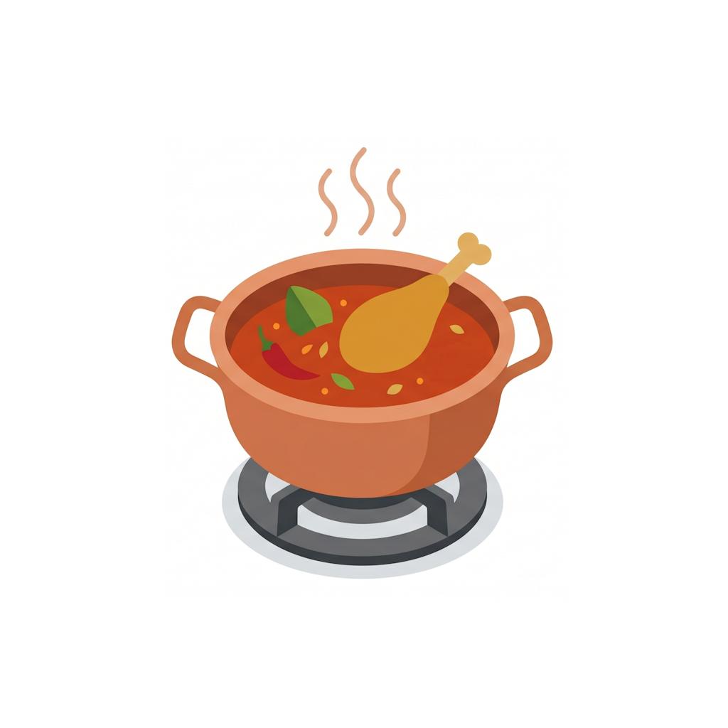 A steaming pot of hot soup with herbs and a spoon inside, sitting on a stove burner.