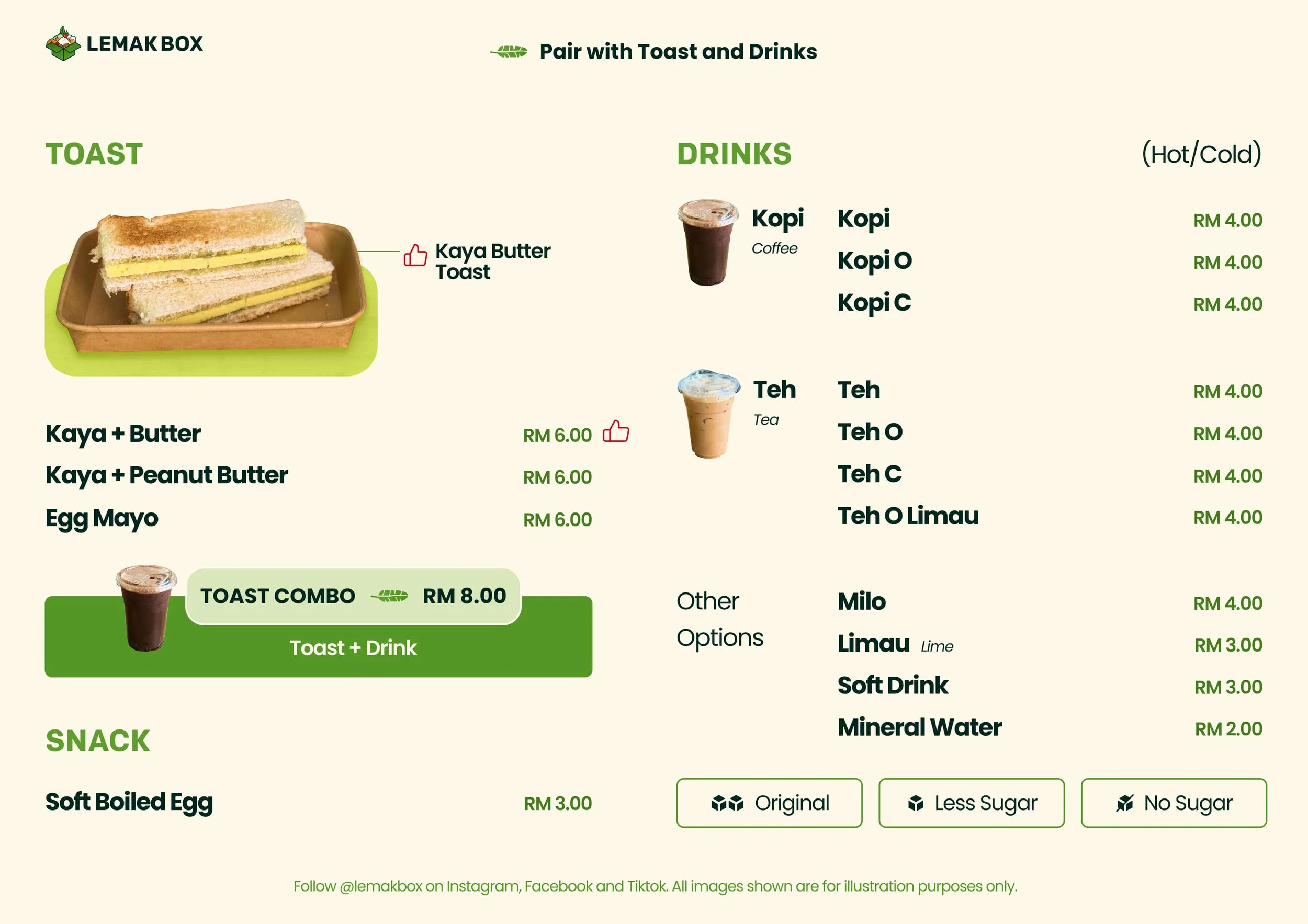 LemakBox drinks and toast, roti bakar menu featuring authentic local Kopi, Teh, and Cham near Pasar Seni LRT