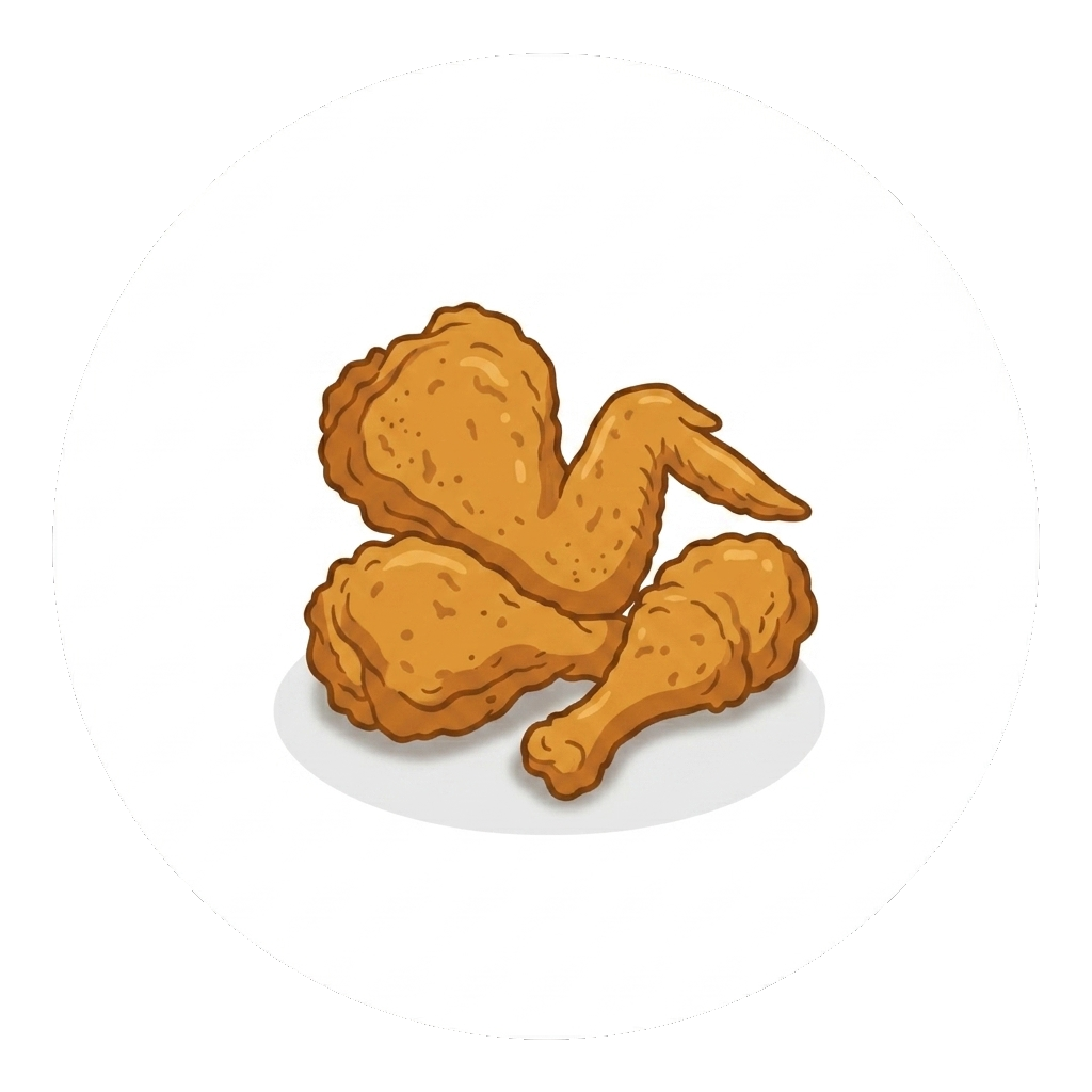 Illustration of three pieces of fried chicken, including a drumstick, a thigh, and a wing.