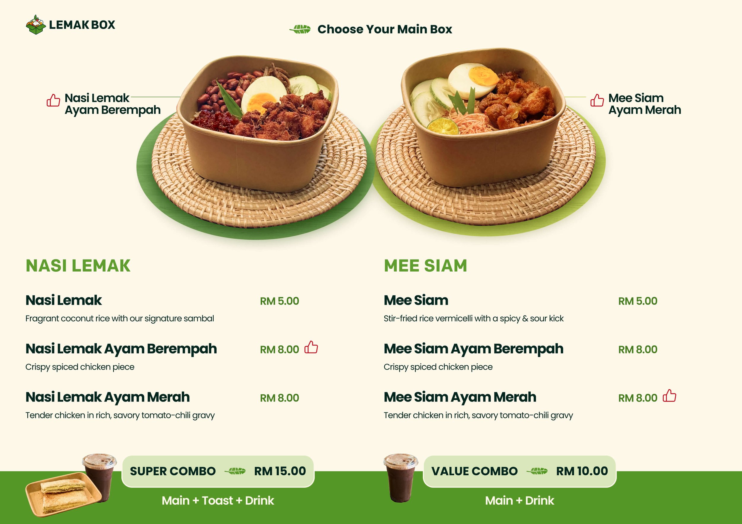 LemakBox full food menu featuring Nasi Lemak Ayam Berempah, Mee Siam, and sides at Petaling Street Chinatown