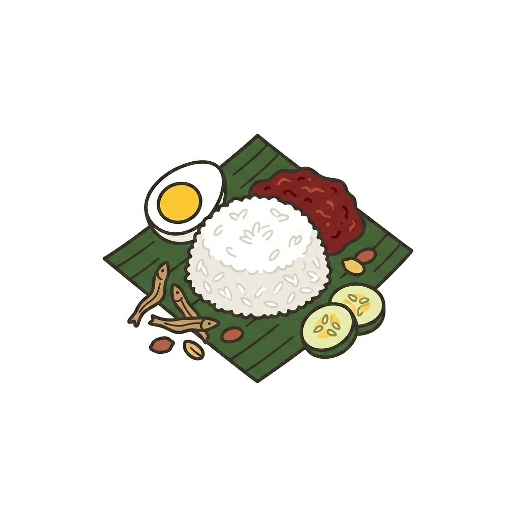 Illustration of a traditional Malaysian meal with rice, boiled egg, sambal, cucumber slices, anchovies, and sambal on a green banana leaf.