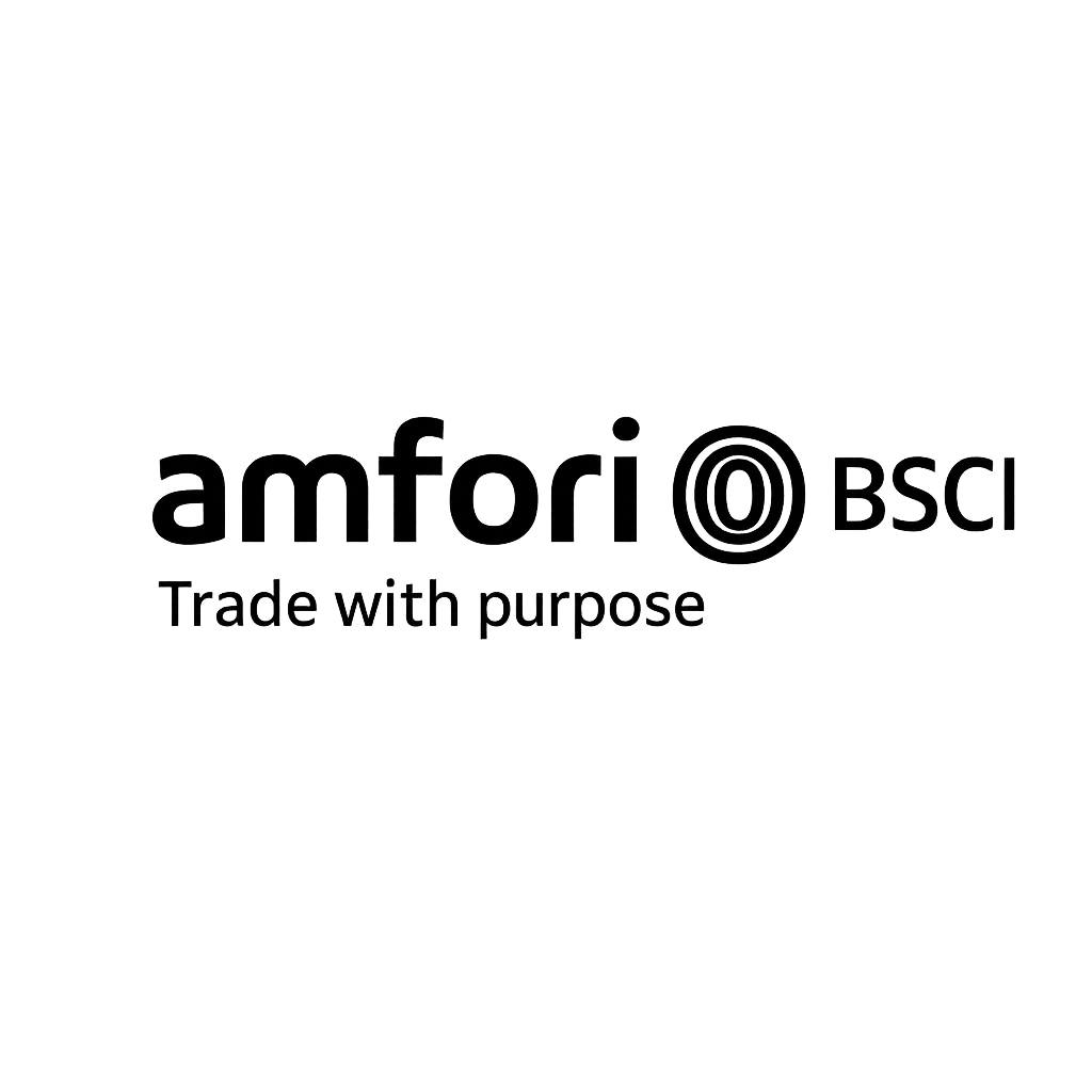 Logo of the trade association 'amfori BSCI' with the tagline 'Trade with purpose' underneath it.