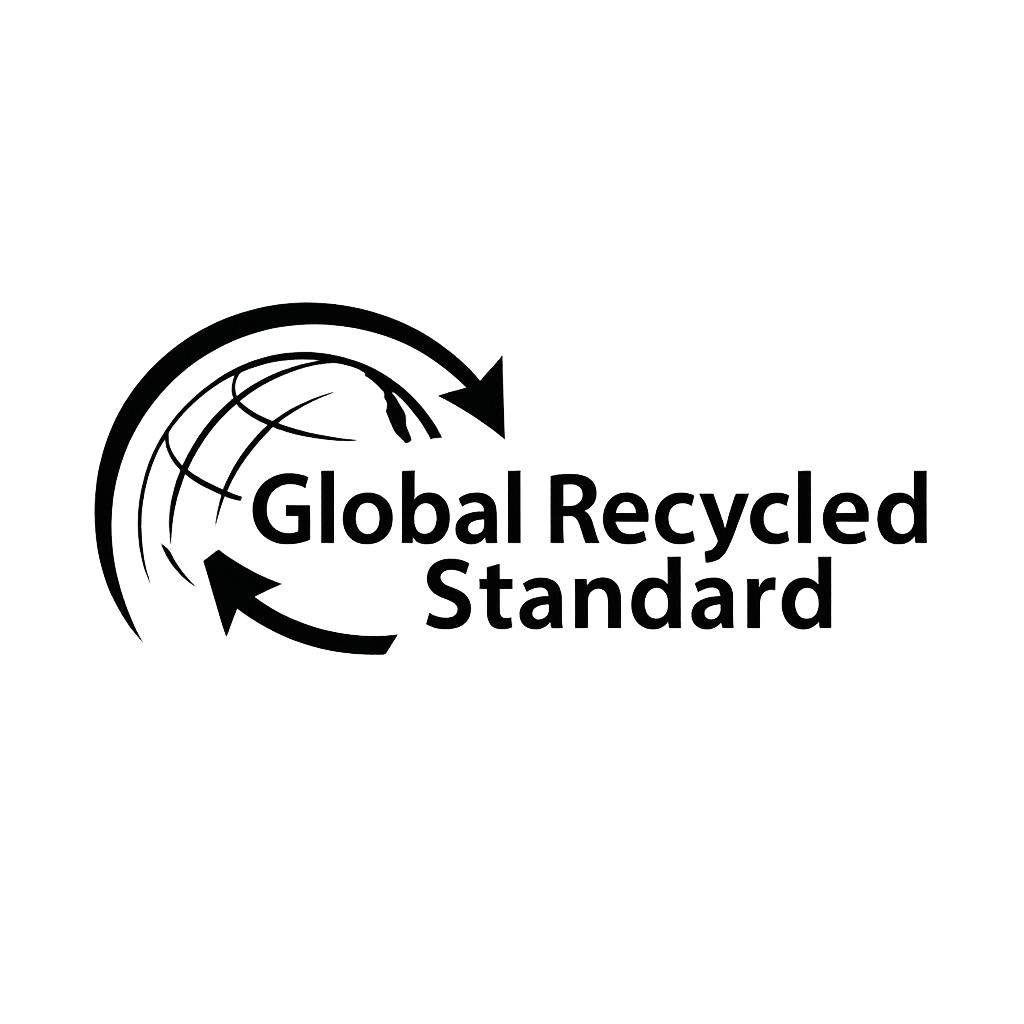 Logo for Global Recycled Standard featuring a stylized globe with arrows around it and the text 'Global Recycled Standard'