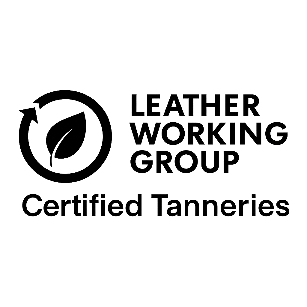 Logo for Leather Working Group Certified Tanneries featuring a leaf inside a circular arrow with the text Leather Working Group Certified Tanneries.