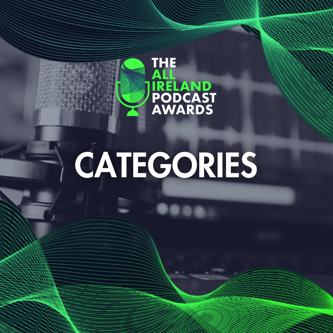 Graphic for the All Ireland Podcast Awards with a microphone and sound wave designs in green and black.