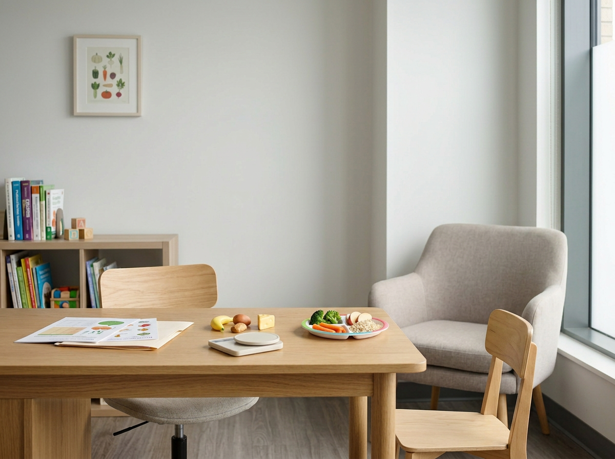 Assiette équilibrée, balance de cuisine et carnet nutrition sur une table, dans un cabinet de diététique pédiatrique