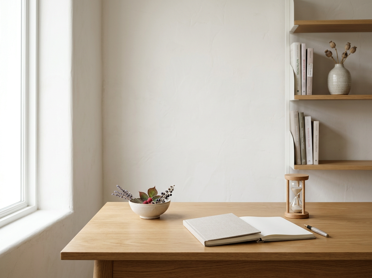 Étagère en bois avec vase en céramique, fleurs séchées et livres, au-dessus d’un bureau avec un carnet ouvert — ambiance calme, accompagnement en santé féminine