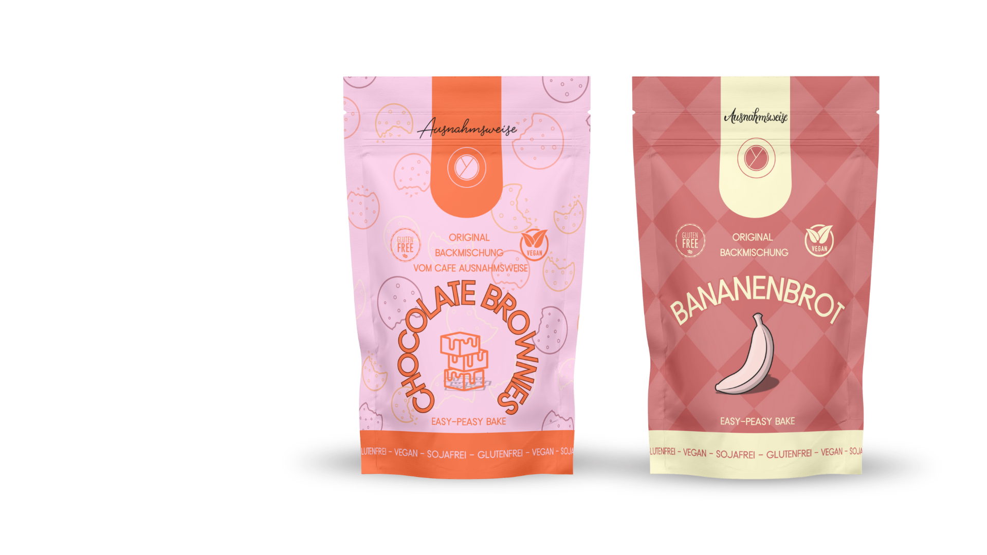 Zwei Verpackungen Backmischungen, die eine mit Schokoladenbrownies und die andere mit Bananenbrot, beide vegan, glutenfrei und für leichtes Backen geeignet.