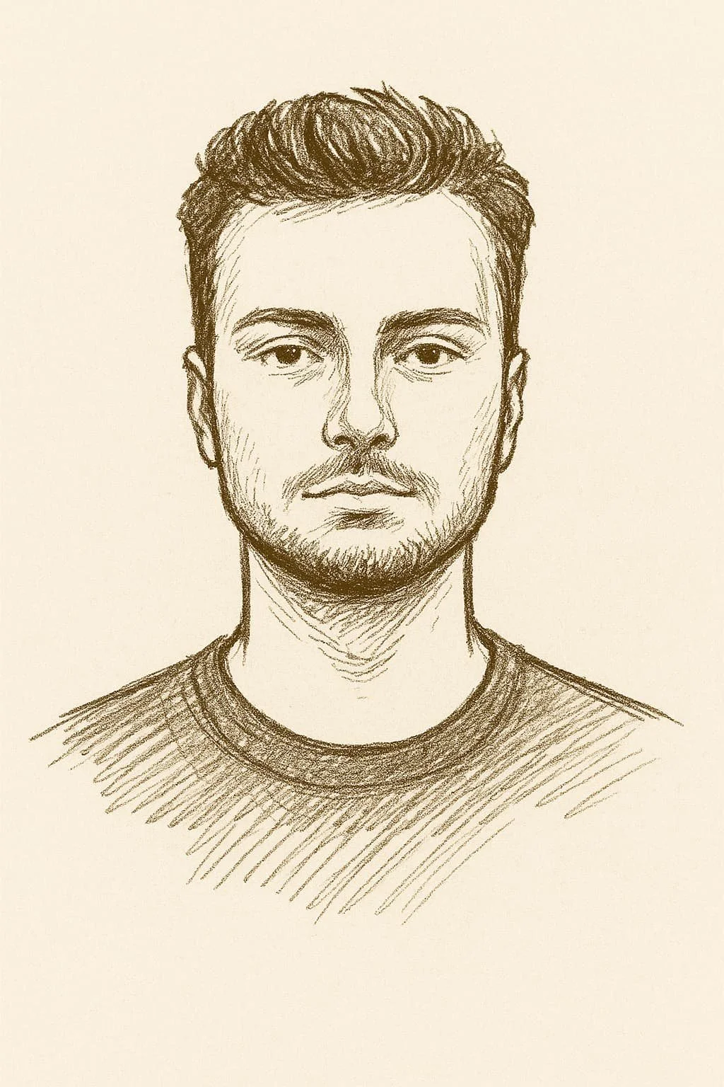 Sketch of a young man with short hair, beard, mustache, and wearing a dark shirt.