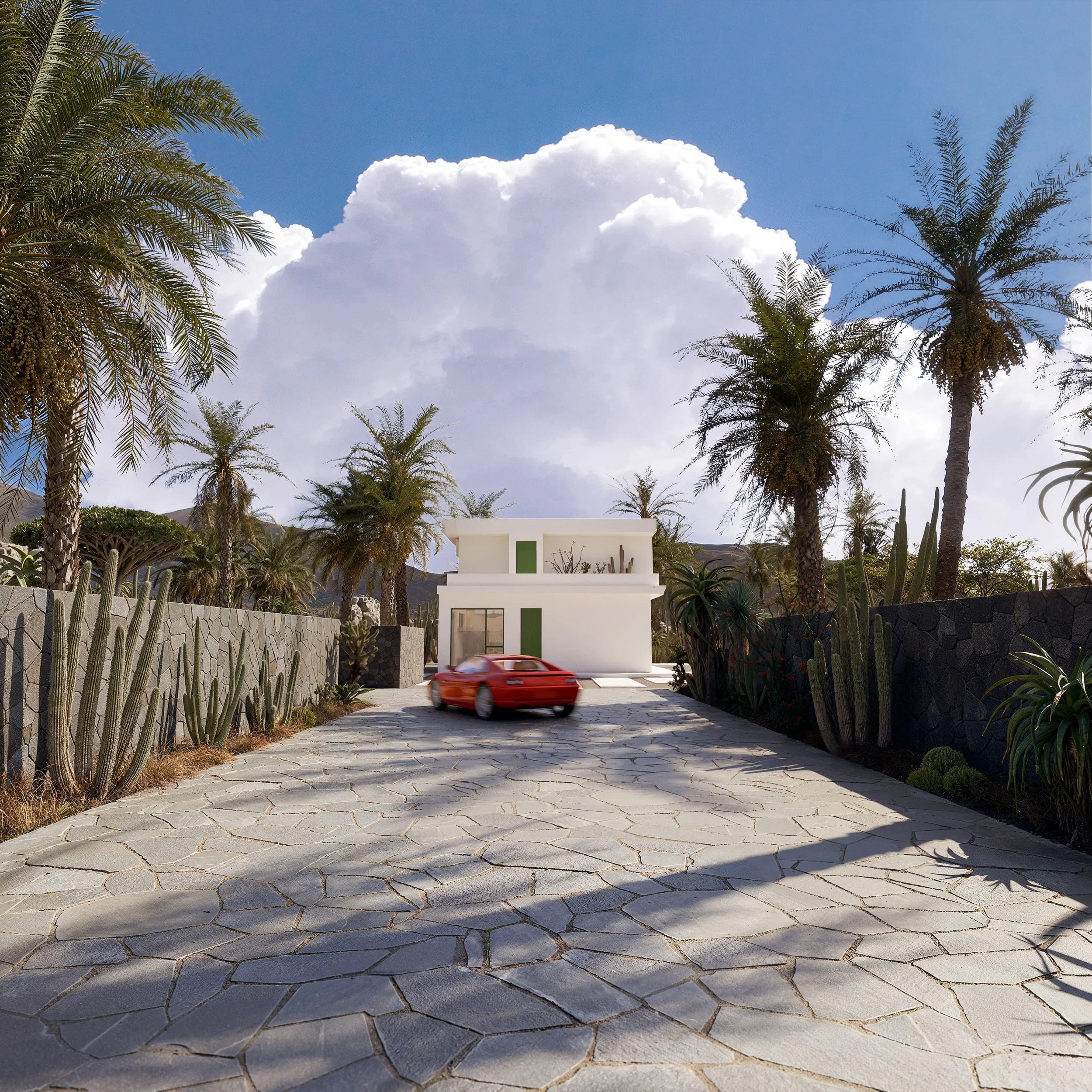 A modern white house with a flat roof, set behind a driveway made of large stone pavers, flanked by desert-style landscaping with tall palm trees and cacti. A red sports car is driving on the driveway, with mountains and a partly cloudy sky in the ba