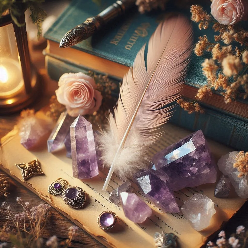 Objets mystiques et éléments de décoration tels qu'une plume beige, plusieurs cristaux d'améthyste, des fleurs roses, une bague en argent avec pierre violette, un couteau orné, une bougie dans une lanterne en verre, et un livre ancien avec du texte en français.
