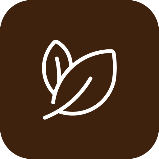 White outline of two leaves on a dark brown background.
