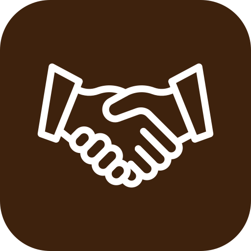 Illustration of a handshake icon on a dark brown background.