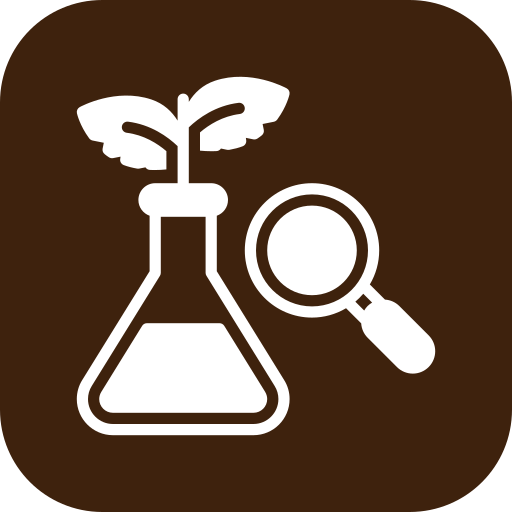 Icon of a plant growing out of a laboratory flask with a magnifying glass nearby, on a brown background.