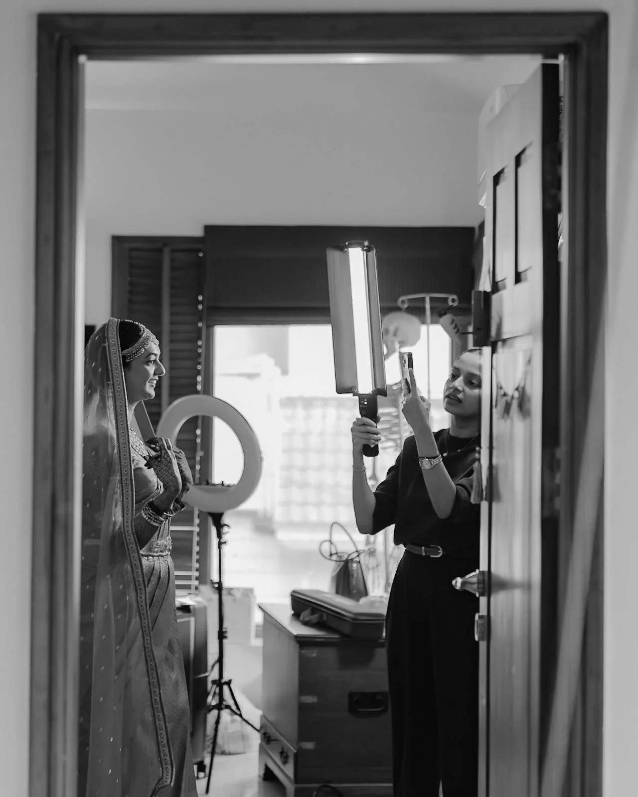 Shrishti getting ready for the wedding, black and white