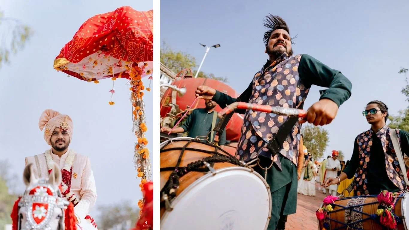 A traditional Indian wedding scene with a groom on a decorated horse under a red canopy, and musicians playing drums nearby.