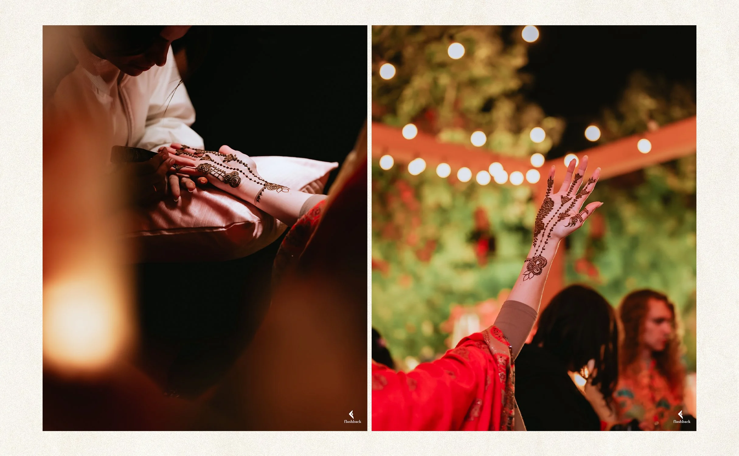 Left side shows a close-up of a woman receiving henna on her hand from a person wearing a white shirt; the setting appears ambient and intimate. Right side features a woman with henna on her hand raised in celebration or prayer, with string lights an