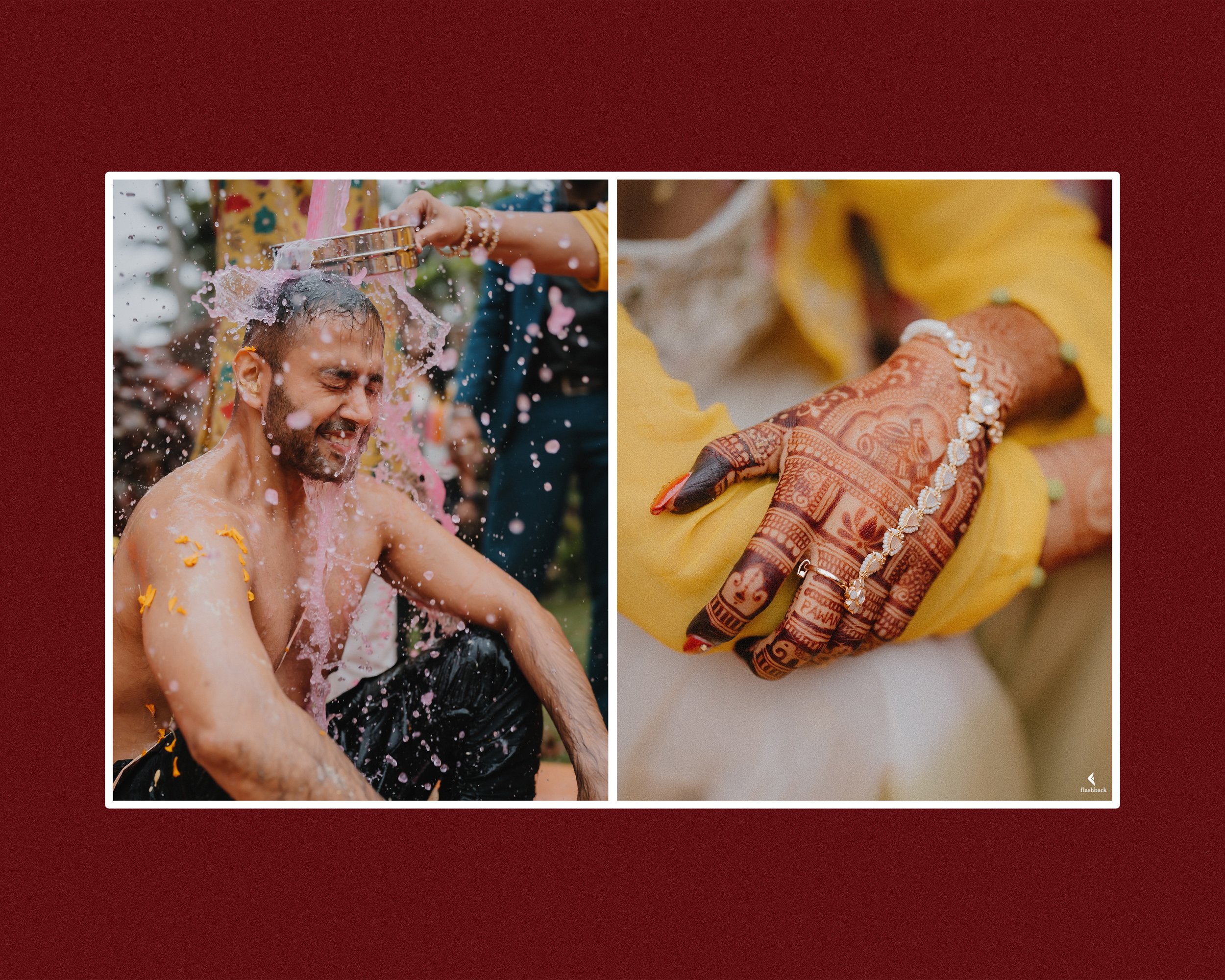 A collage of two images. The left image shows a man with dark hair and a beard showered with pink powder or water, smiling with closed eyes. The right image shows a person's arm decorated with intricate henna designs, wearing a pearl bracelet and a y